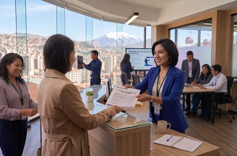 Trabajadora con credencial de identificación en una oficina, atendiendo a una visitante, con compañeros trabajando al fondo.
